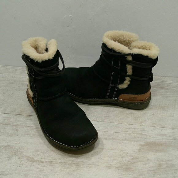 Ugg Australia La Jolla Boot Black Ankle Lace Up Sheepskin & Leather 5587 Sz 5 - Picture 6 of 10